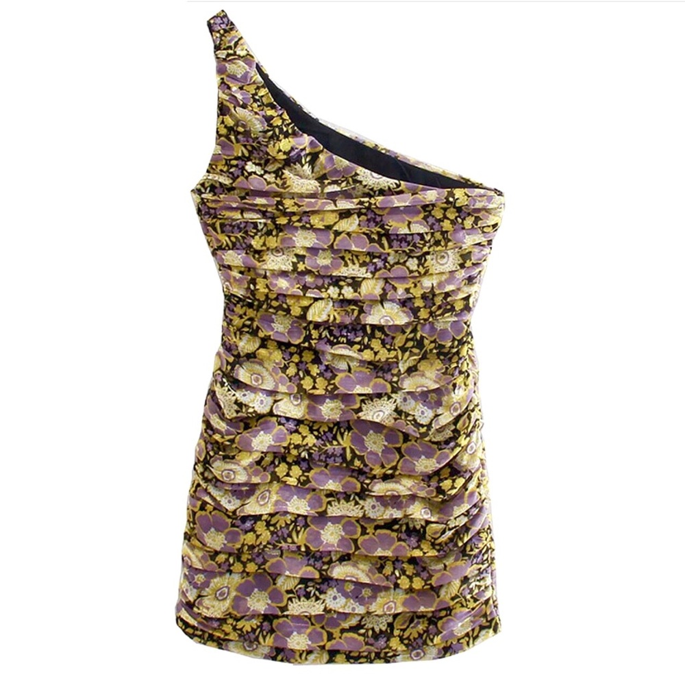 Zara Floral Metallic Ruched One Shoulder Mini Dress Size XS - Picture 6 of 13